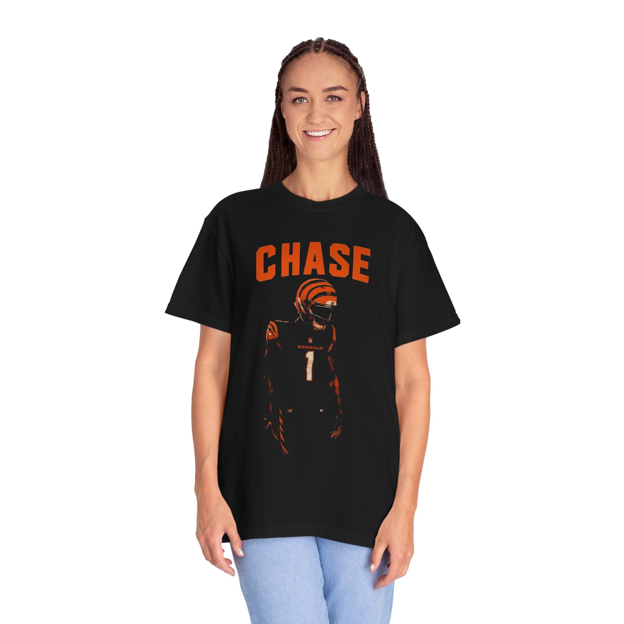 Chase 1 Football Shirt Retro Bengals Colors Graphic Tee, Orange & Black Portrait Design