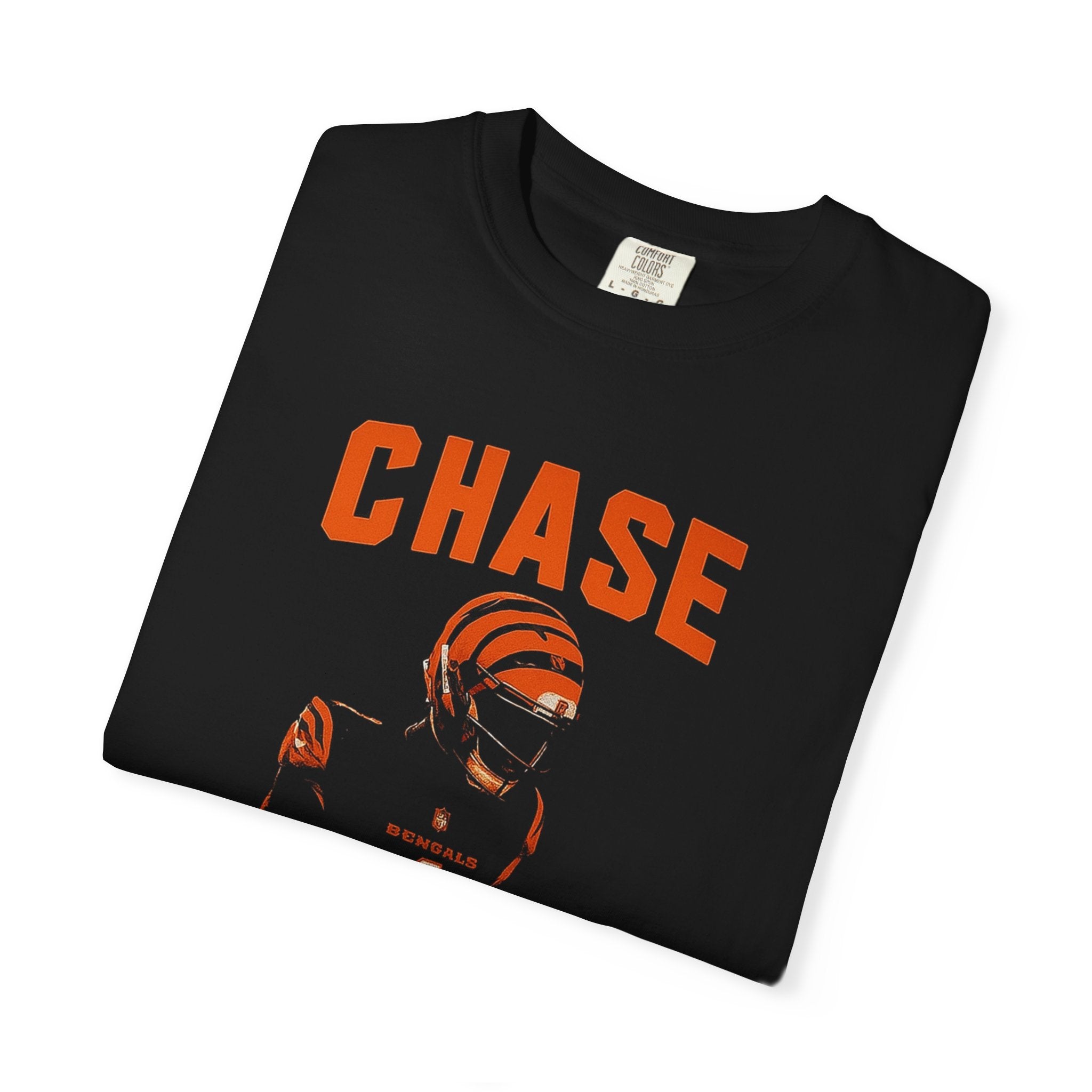 Chase 1 Football Shirt Retro Bengals Colors Graphic Tee, Orange & Black Portrait Design