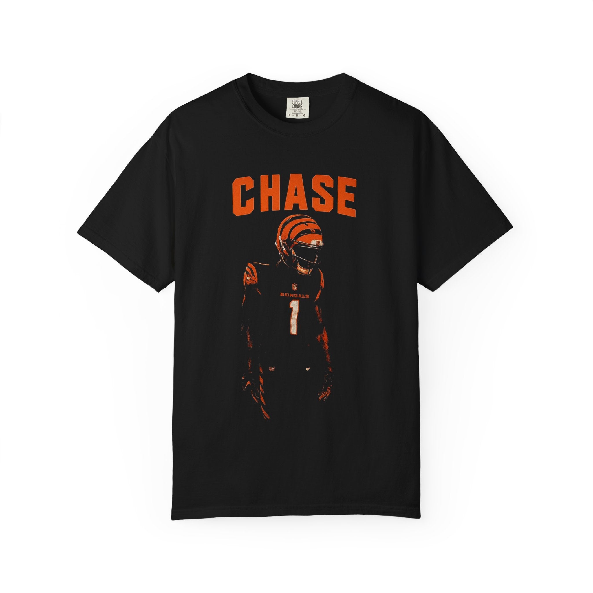 Chase 1 Football Shirt Retro Bengals Colors Graphic Tee, Orange & Black Portrait Design